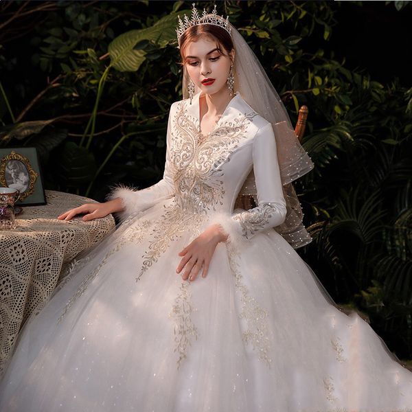 

luxury ball gown wedding dresses elegant long sleeves lace appliques slim bridal gown with beads sash train tulle plus size custom made, White