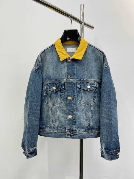 

women's jackets back embroidery stitched yellow collar used wash jeans jacket men's and women's coats, Black;brown
