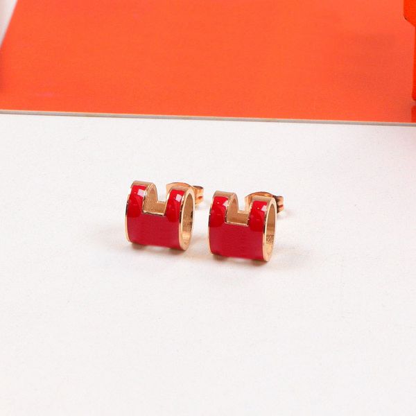 

quality luxury stainless steel earring stud cute clip on enamel earrings gold h design classic original earrings jewelry with orange dust ba, Golden;silver