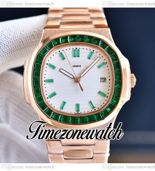 

40mm nautilus 5711 automatic mens watch white texture diamond dial 5711/1300a rectangle green gems bezel rose gold steel bracelet watches ti, Slivery;brown