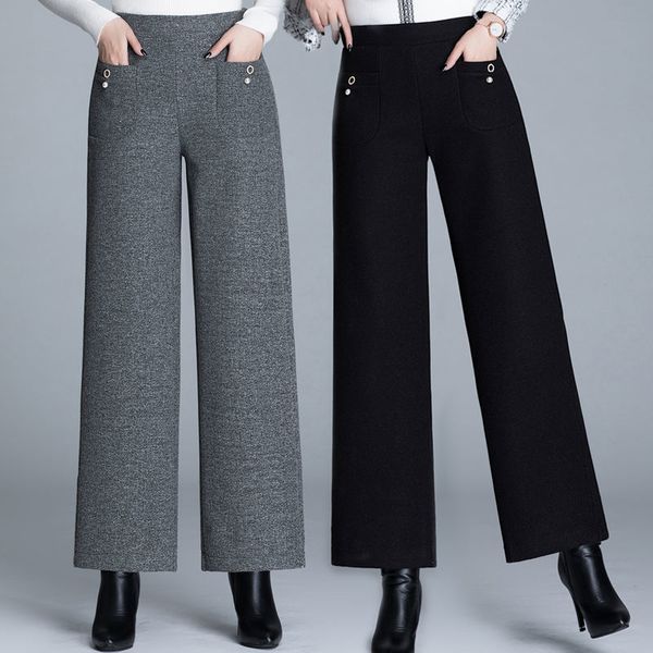 

women's pants s high waist wool wide leg womens autumn winter casual trousers vintage streetwear elastic ladies black gray 221011, Black;white