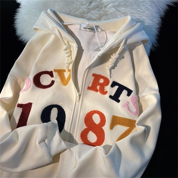 

womens hoodies sweatshirts american style retro zipper hiphop embroidered printing jacket women spring and autumn loose sweatshirt casual co, Black