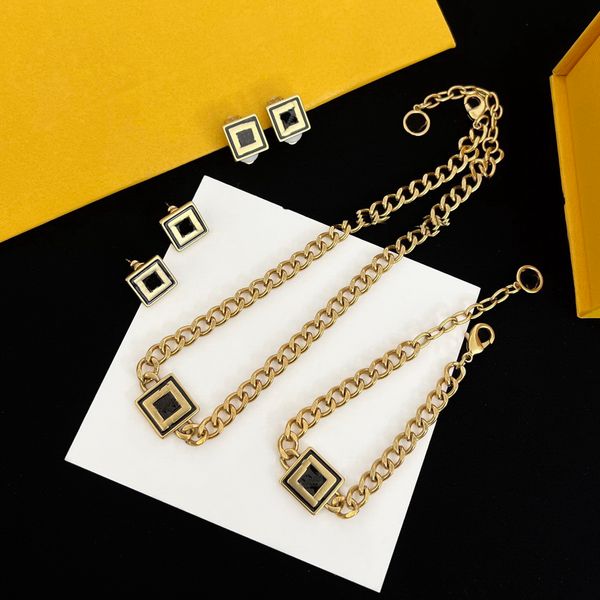 

enamel thick chain necklace bracelet earring women brass engraved f initials letter settings 18k gold designer jewelry birthday festive chri, Black