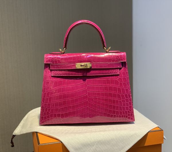 

28cm tote real shinny niloticus crocodile shoulder bag brand purse luxury handbag fully handmade fuchsia color wax line stitching contact fo