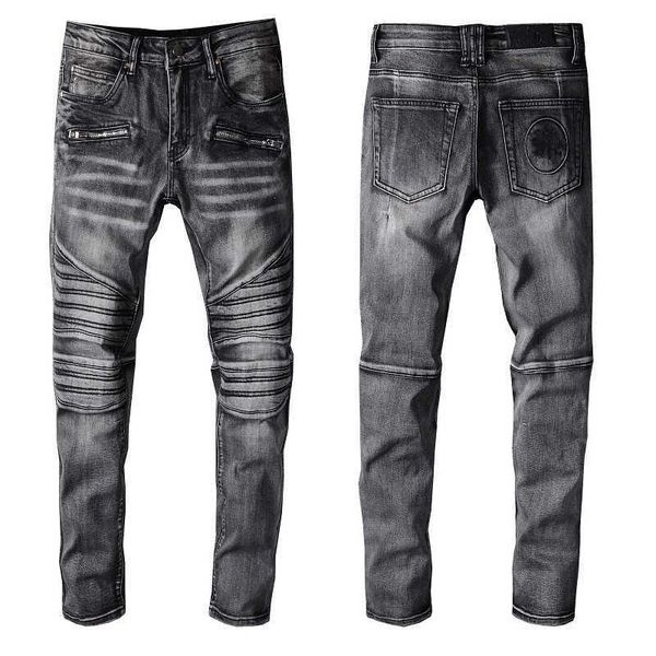 

black man skinny jeans designer grey fit rip skull slim biker for mens denim distress cult rapper street zipper pocket long straight leg, Blue