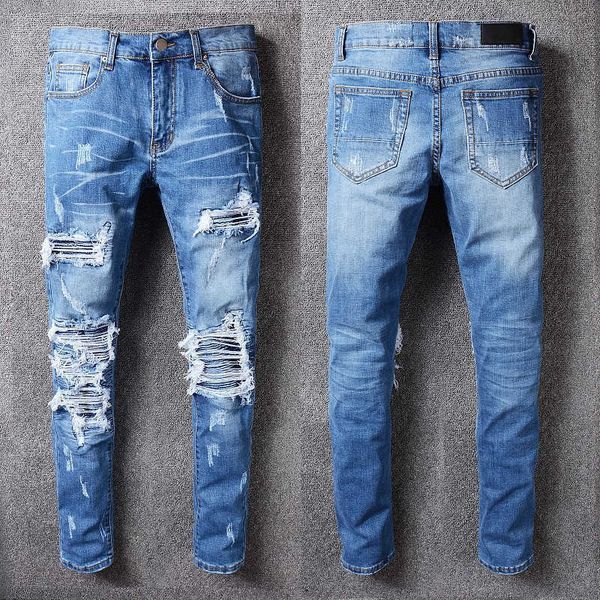 

blue man skinny fits jeans denim knee ripped with hole classic slim for guys mens pants biker moto straight leg vintage distress hip hop