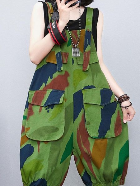 

women's jeans denim camouflage bloomers overalls patchwork jumpsuit wide leg dungarees fashion sleeveless baggy cropped pants 221011, Blue