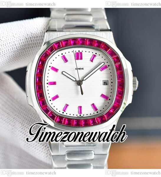 

40mm nautilus 5711 automatic mens watch white texture dial rectangle red gems bezel diamond bezel stainless steel bracelet sport watches tim, Slivery;brown