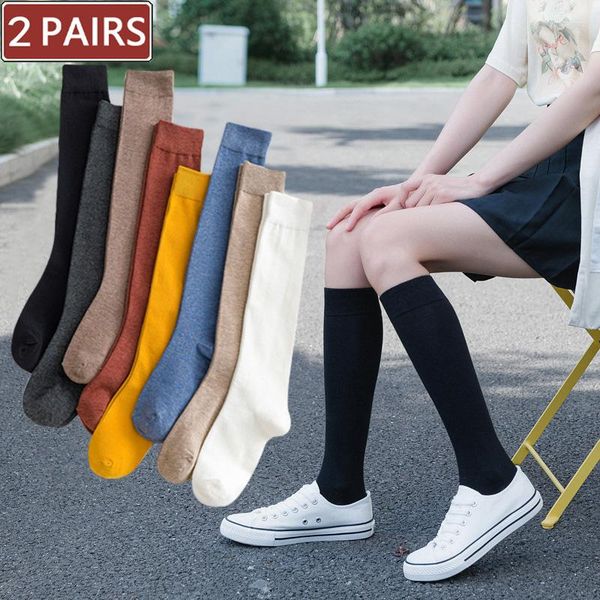 

women socks 2 pairs cotton knee high black white solid color fashion casual calf sock female girl party dancing long