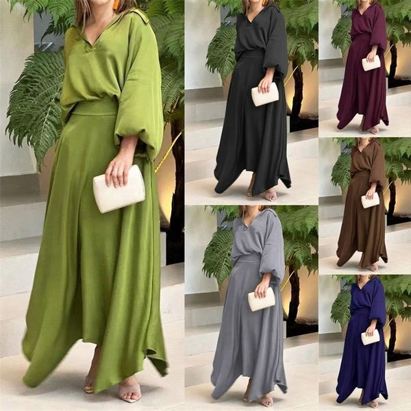 

two piece dress fashion women set loose long sleeve elegant long skirt set high streetwear suit female 221010, White
