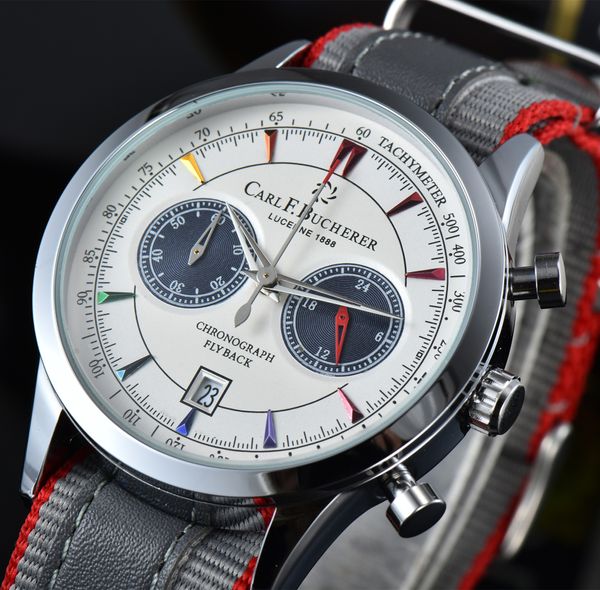 

New Carl F Bucherer Chronograph Casual Sports Multifunctional Quartz Watch Top Brand Luxury Nylon Strap Men's Watch Relojes, Red