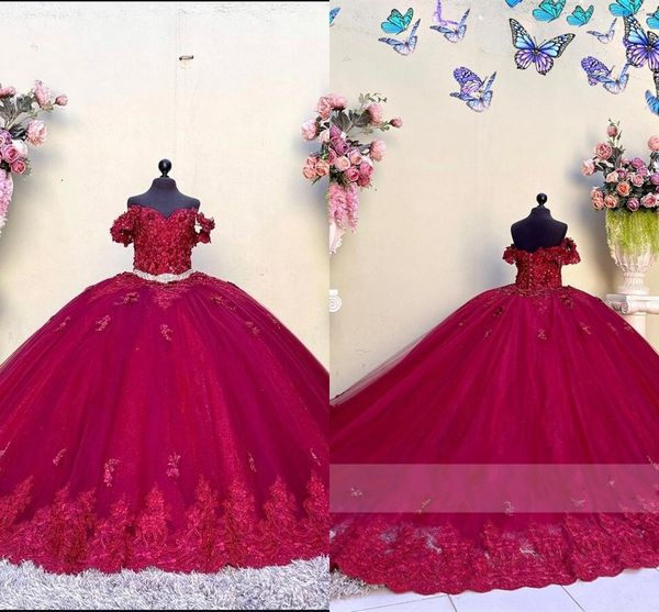 

2023 dark red ball gown wedding dresses long train 3d lace flowers applique beaded off shoulder formal party dress for bride plus size, White