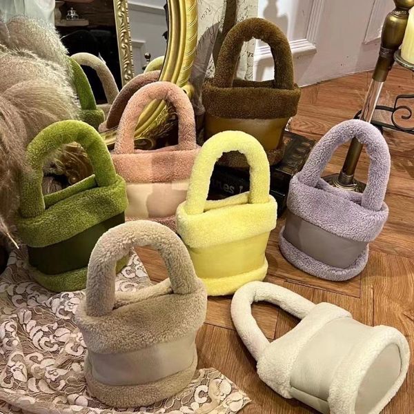 

evening bags fashion autumn winter candy color velvet plush bucket bag pu leather women's handbag lady purse trendy casual shoulder