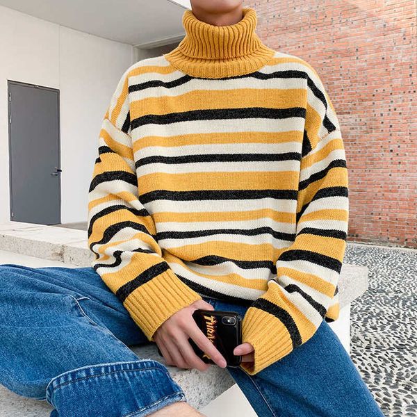 

men's sweaters privathinker turtleneck loose striped korean clothing autumn winter male knitted pullovers fashion g221010, White;black