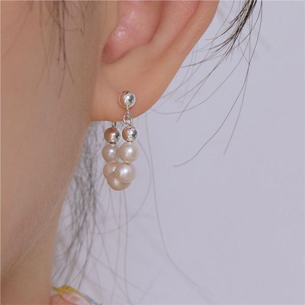 

925 sterling silver bead stud earring for women cute freshwater pearl earrings wedding party fine jewelry, Golden;silver