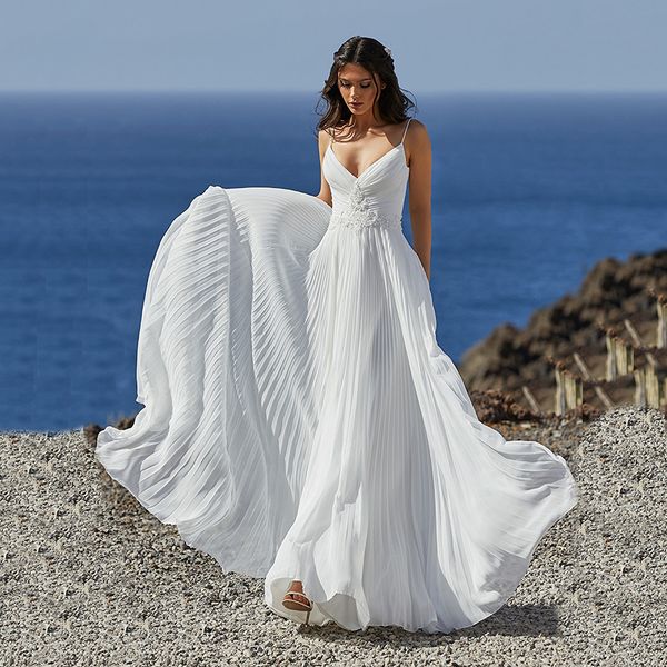 

boho wedding dresses spaghetti straps backless wedding gowns bride dress chiffon v-neck beach plus size sweep train robe de mariee, White