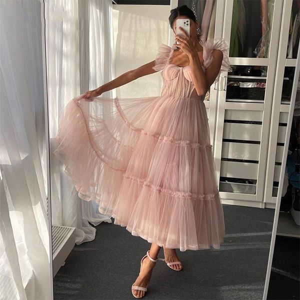 

2023 simple pink short prom dresses spaghetti straps tiered tulle tea-length birthday party dress evening wear robes de soiree vestidos gala, Black