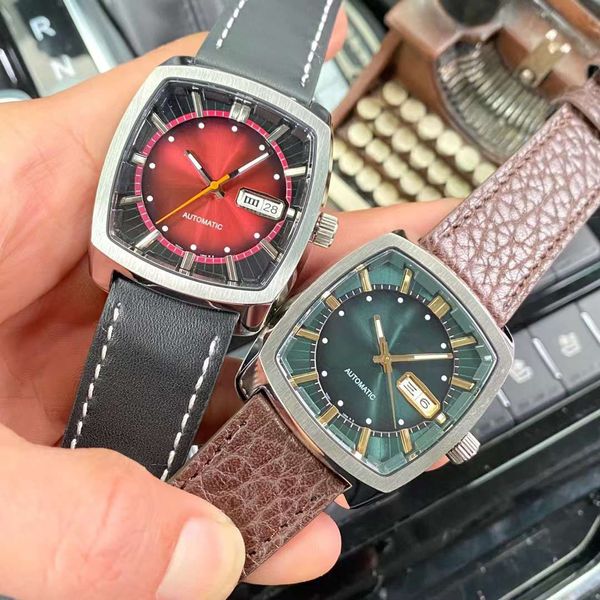 

mens recraft series automatic leather casual watch luxury watches leather strap day-date water resistant wristwatches for men, Slivery;brown