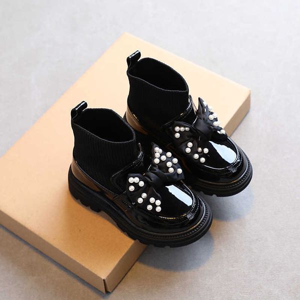 

leather boots pu children 2022 autumn kids anti-slip casual shoes girls fashion socks g229 l221011, Black;grey