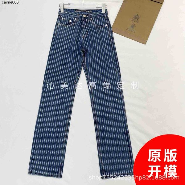 

designer women's jeans luxury diamond decorated vertical stripe high waist straight alexanders jeans women's casual trousers wangs, Blue