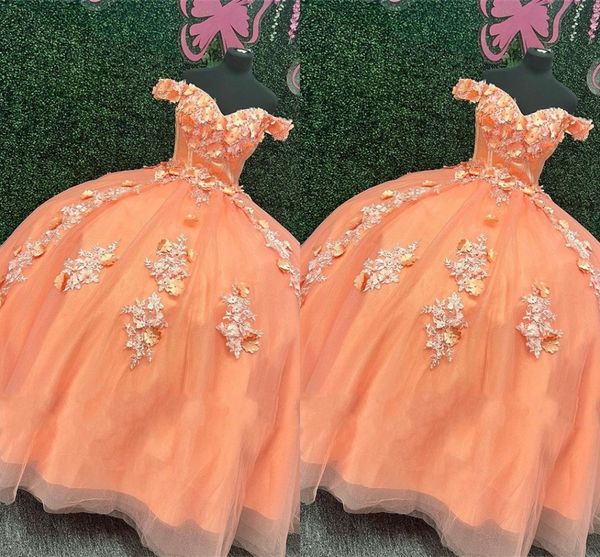 

2023 orange quinceanera dresses sweet 16 girls 3d floral flowers lace applique beaded off shoulder prom dress long ball gown formal party, Blue;red