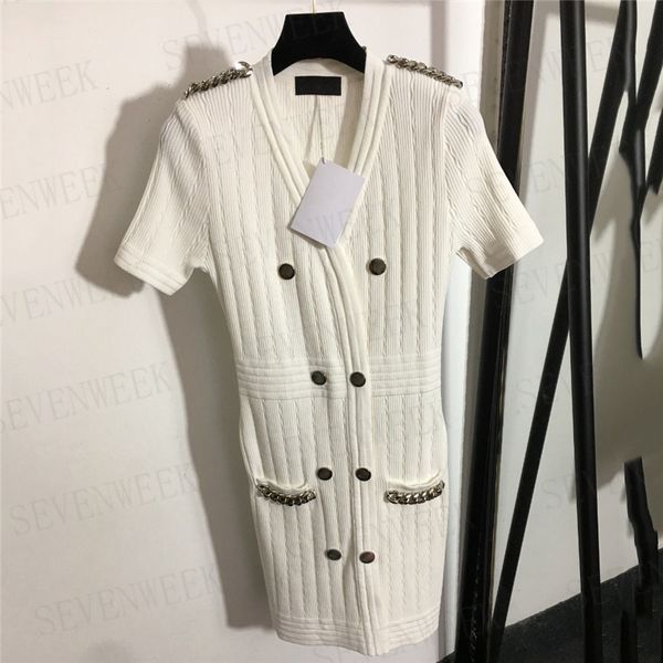 

summer casual dresses sweater short sleeves knitted dress clothing luxury designer v neck ladies skirts with chain, Black;gray
