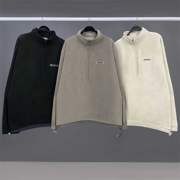 

trendy designer essentials hoodies line feel double brand high street fleece half zipper hoodie men, Black