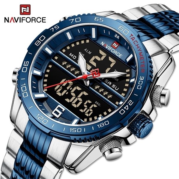 

wristwatches luxury brand naviforce digital sport watch for men steel band waterproof chronograph alarm clock luminous quartz wrist watch ma, Slivery;brown