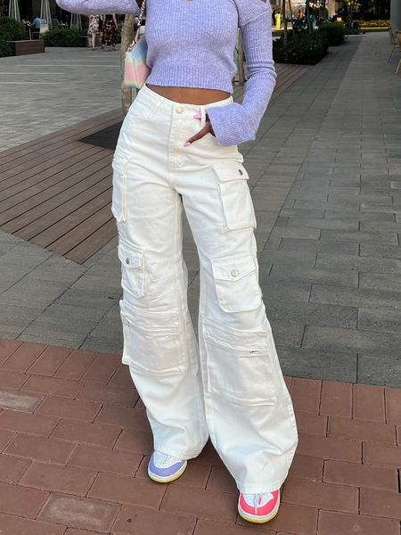 

women's pants s y2k fashion white baggy cargo arrivals 3d pockets patched casual bottoms streetwear stretchy loose fit flared trousers, Black;white