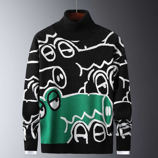 

men's sweaters anime pattern pullovers men slim autumn winter thick warm 2021 casual round collar knitwear mens g221010, White;black