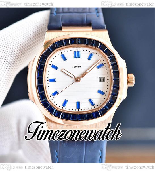

40mm nautilus 5711 automatic mens watch white texture dial 5711/1300a rose gold case diamond rectangle blue gems bezel leather strap watches, Slivery;brown
