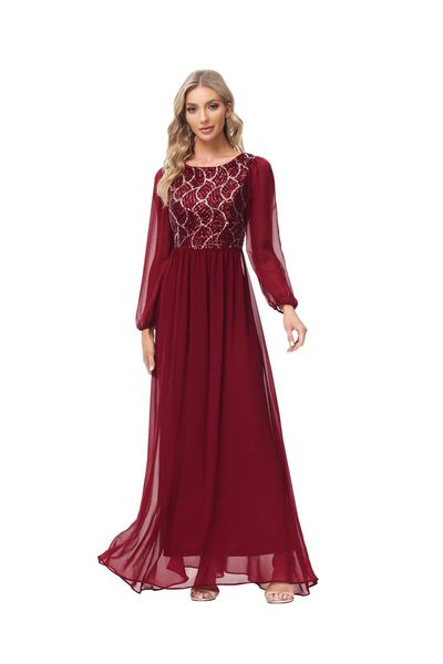 

split fork splicing sequin a-line round neck v-back long sleeve evening dress party chiffon tw00042, Black