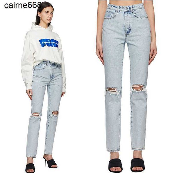 

designer women's jeans spring back waist inclined fitting holes alexanders light blue denim trousers women wangs