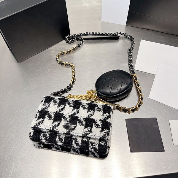 

women black and white tweed designer shoulder bag luxury diamond lattice quilted gold chain belt mini clutch cute crossbar handbags fashion