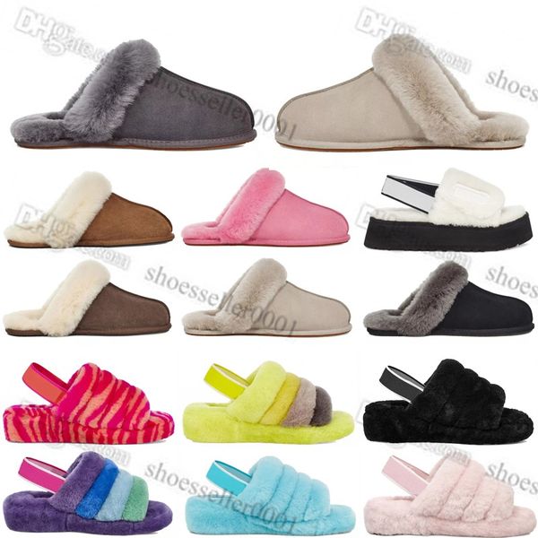 

2023 fluff fuzz yeah slide slipper designer australian classic snow half slippers scuffette ii woman girl kids winter flat australia ugglies, Black