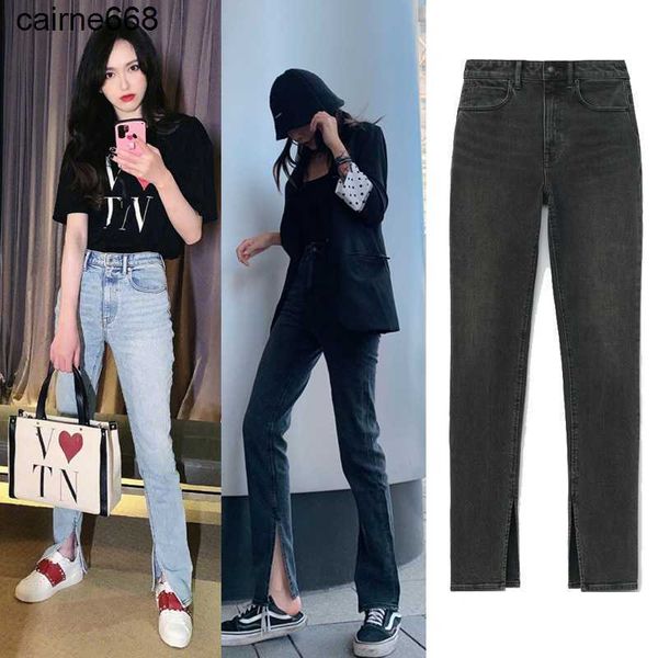 

designer women's jeans super high waist stretch slim slit alexanders straight pants jeans women wangs, Blue