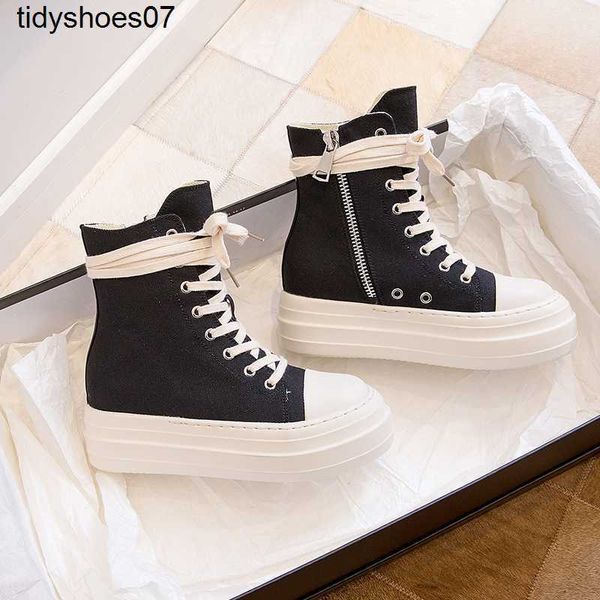 

2020 designers ro thick soled high shoes women's side zipper canvas lace up increased leisure sports shoes student muffin shoes, Black