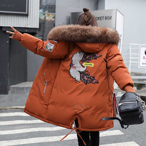 

women's down parkas 2022 winter korean loose large size cotton-padded embroidery parkas women's mid-length large fur collar fashio, Black