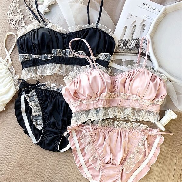 

bras sets wriufred vintage satin lace wire bandeau bra set private house fairy lingerie sets nightwear cotton cup underwear 221010, Red;black
