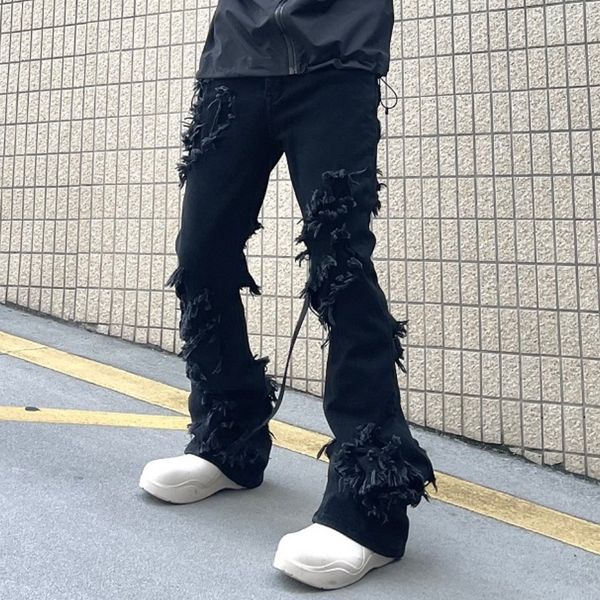 

high street ripped tassel frayed black flare pants men's straight solid color washed baggy denim trousers jeans, Black;brown