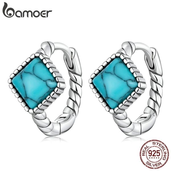 

hoop huggie 925 sterling silver blue square turquoise ear buckles for women simple style twist earrings fine jewelry 221010, Golden;silver