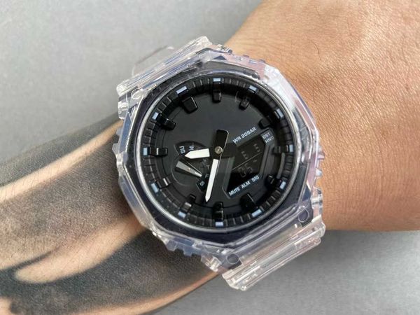 

sport quartz digital men's watch iced out watch fully functional led automatic hand lamp removable and assembled 2100 transparent model, Slivery;brown