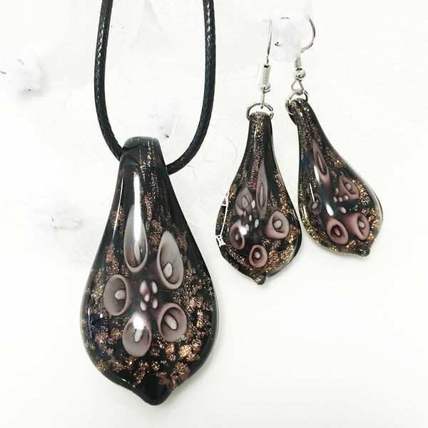 

1 set handmade necklace earring murano glass purple flower water drop pendant ethnic style clavicle chain jewelry, Silver