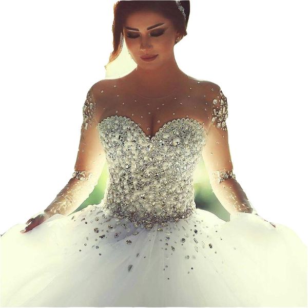 

african arabic ball gown wedding dresses charming diamond illusion full lace appliques crystal beading long sleeves chapel train formal brid, White