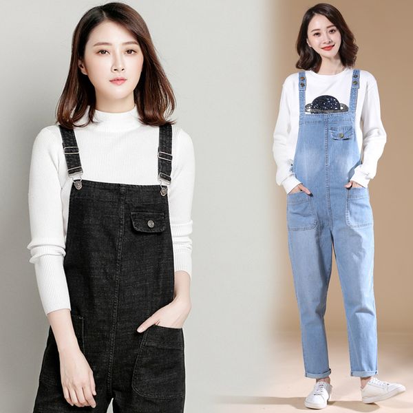 

women's jeans loose solid color harem jumpsuit fashion denim pocket pants big casual brand women trousers overalls 221011, Blue
