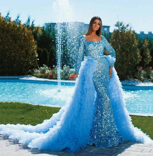 

2022 arabic dubai blue mermaid prom dress sequins with detachable train evening formal engagement gowns robe de soiree vestidos gala, Black