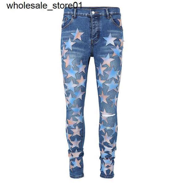

new men's jeans designer amirs blue knee hole sticker select styles embroidered fashion jeans men