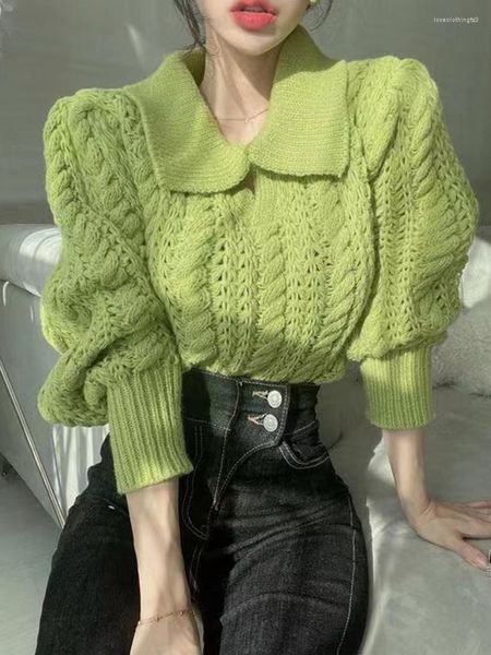 

women's sweaters gentle loose hollow out solid knitting pullover woman elegant lapel lantern sleeves twist versatile sweater ins, White;black