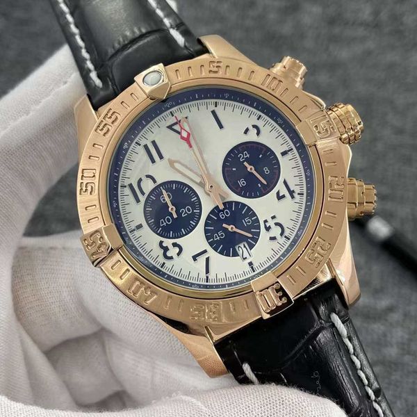 

luxury mens watch silver dial japan super quartz chronograph 45mm avenger hurricane sea leather strap 1884 yellow gold steel case hardlex