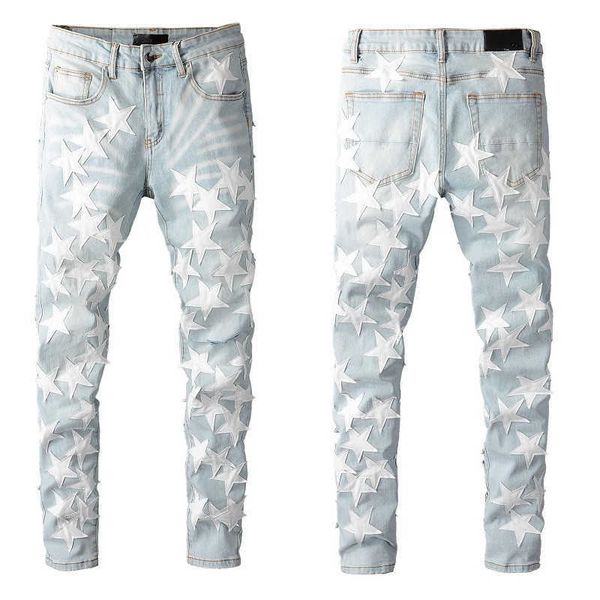 

mens jeans for guys knee ripped slim fit skinny pants star patches wearing biker denim stretch motorcycle male fit trendy long straight, Blue